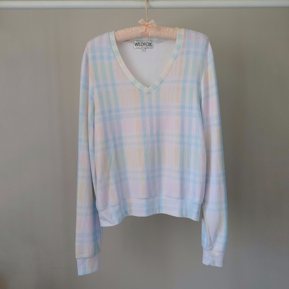 Wildfox Baggy Beach Jumper Plaid V-neck Sweater Top Size Medium Pastel - Picture 14 of 15